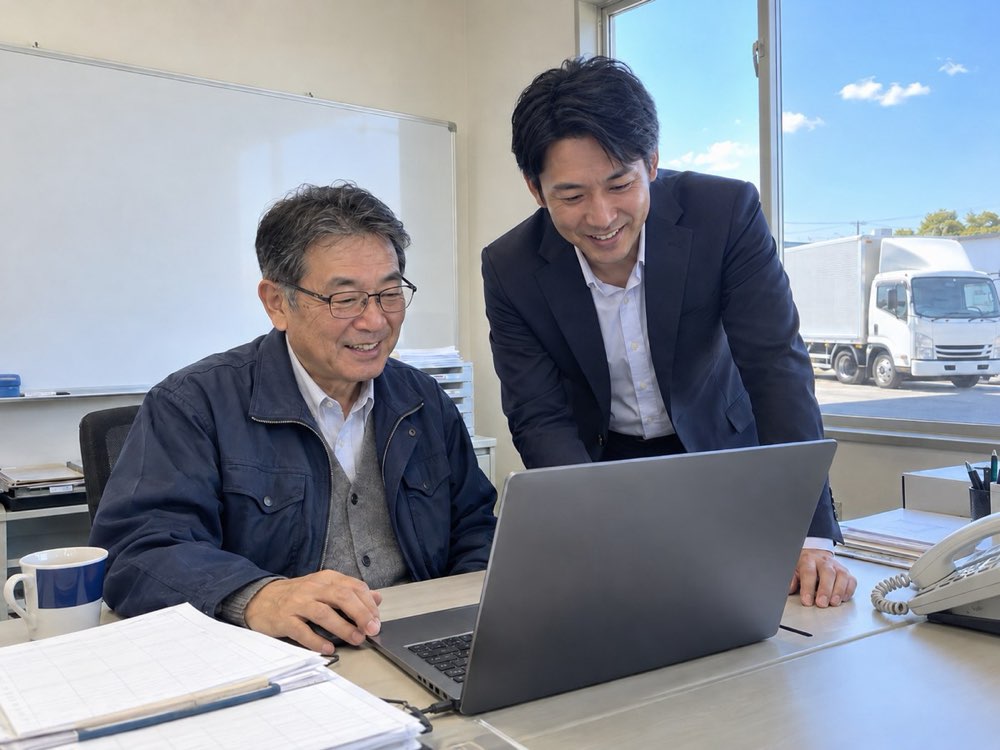 運送会社の事務所で、AX支援の担当者と配車担当者がノートPCの画面を一緒に見ている様子